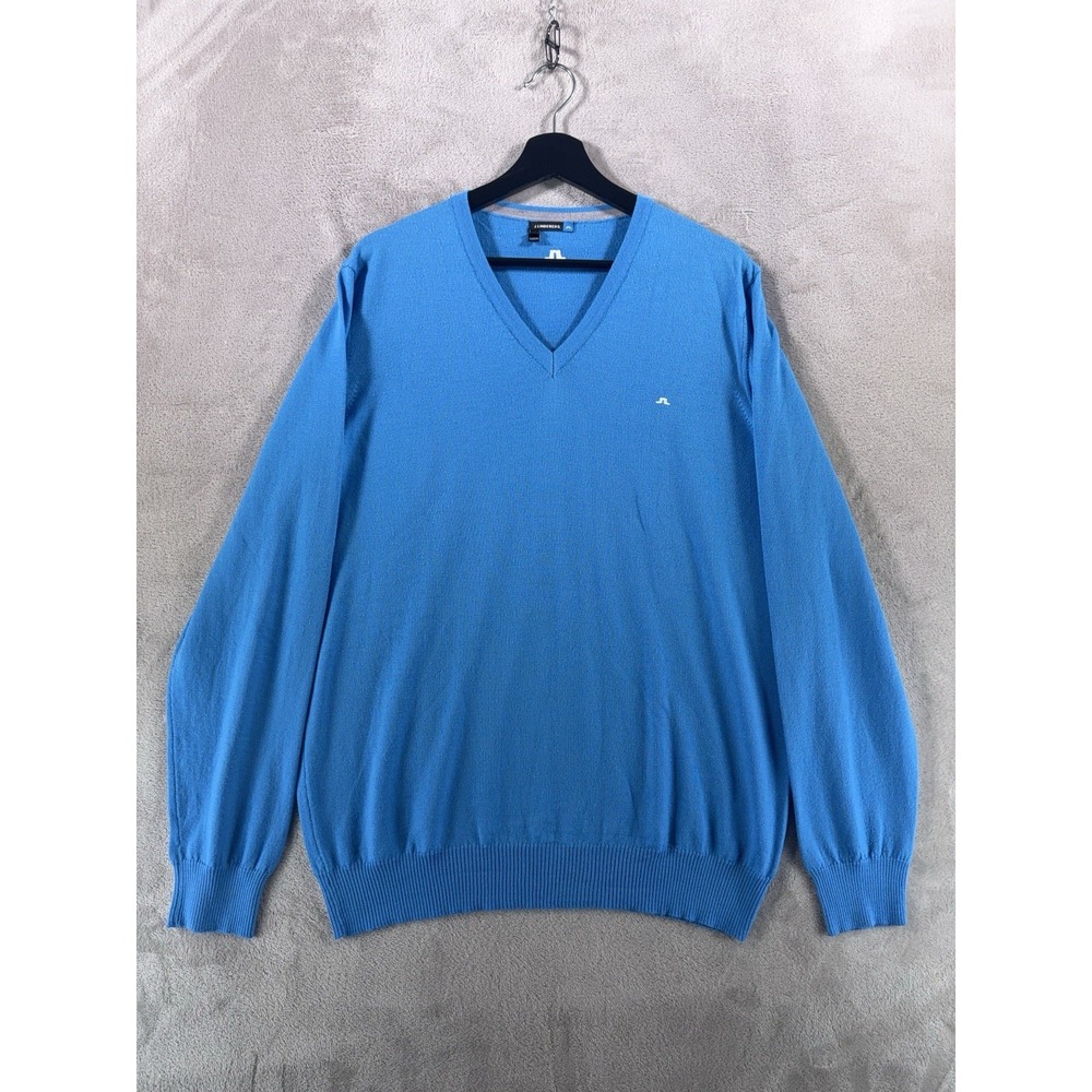 J.Lindeberg Merino Wool V Neck Sweater Mens 2XL Blue Lightweight Knit Pullover